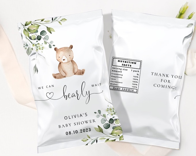 We can bearly wait chip bag template. Eucalyptus bear baby shower chip bag template #w5