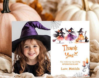 Kids Halloween party thank you card with photo. Editable Witch costume party photo birthday thank you card. Corjl template #hp1