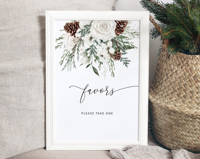 Evergreen Favors please take one Sign. Winter Favors bridal shower sign. Holidays Christmas favors party sign. Instant Download #ev1