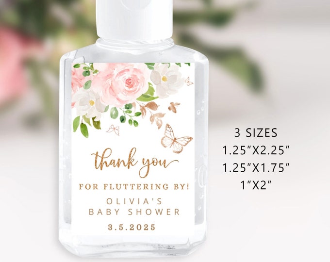 Butterfly Hand Sanitiser Label. Printable blush gold Hand Sanitizer Stickers. Thank you for fluttering by label. Corjl template #05