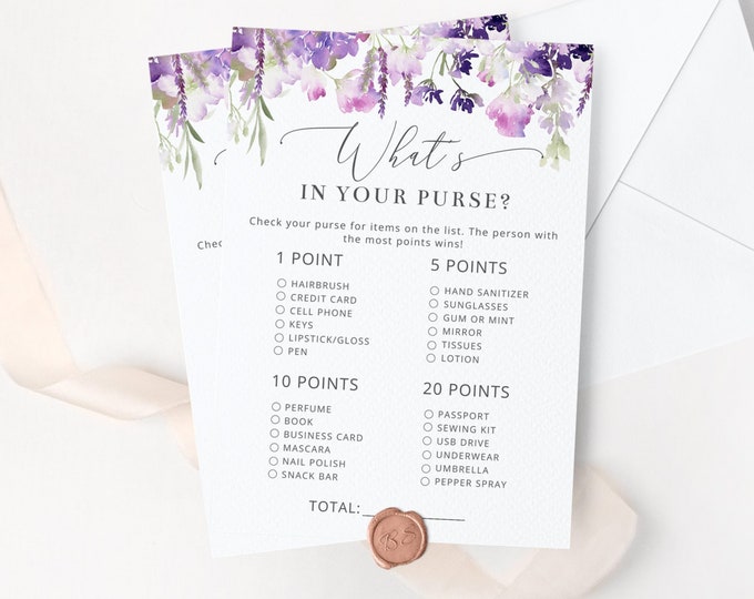Lavender What's In Your Purse. Lilac Bridal Shower Games Printables. Bridal Shower Game Idea. Printable Purse Game. Instant Download #09