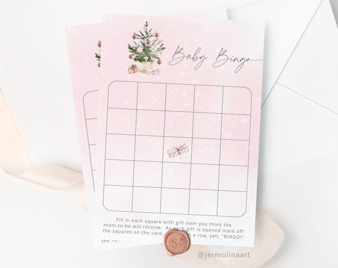 Blush Winter Baby Shower Bingo Card. Pink winter baby bingo card. Instant Download #ad7