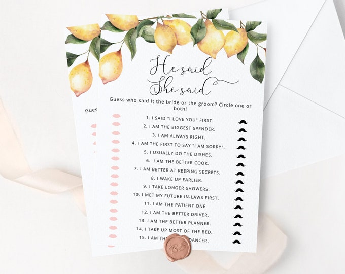 Lemon He said she said Bridal Shower Game, Printable Wedding Shower Games. Citrus Bride or Groom Hen Party Games Instant Download #lm1