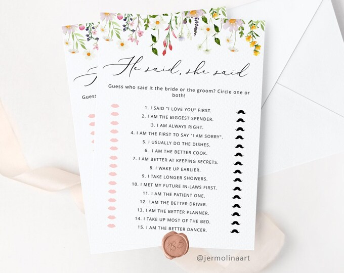 Wildflowers He said she said Bridal Shower Game. Elegant Bride or Groom Hen Party Games Instant Download #wl3
