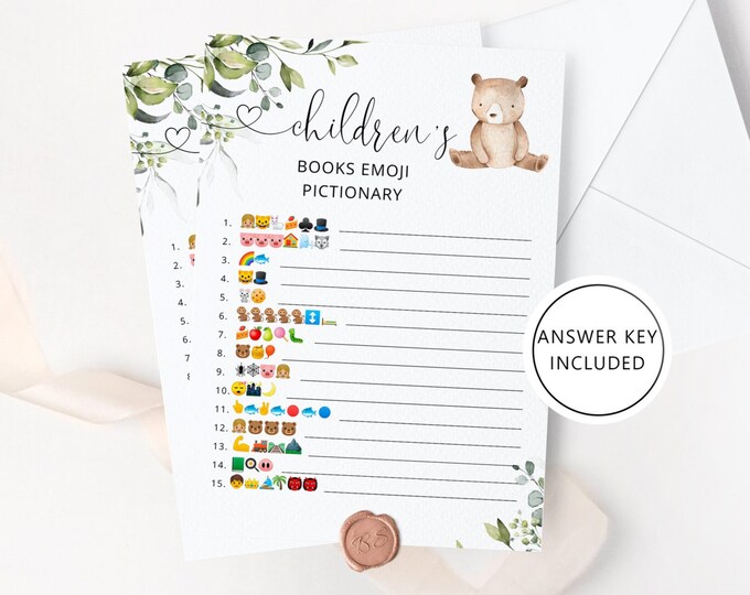 Children's Book Emoji Pictionary. Woodland Baby Shower emoji pictionary guessing game with answers. Bear baby shower Instant download #w5