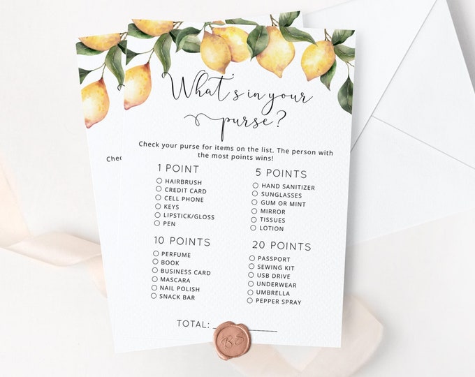 Lemon What's In Your Purse Bridal Shower Games Printables. Citrus Bridal Shower Game Idea. Printable Purse Game. Instant Download #lm1
