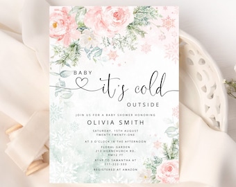 Blush floral Baby its cold outside baby shower. Girl winter baby shower invitation #wb5