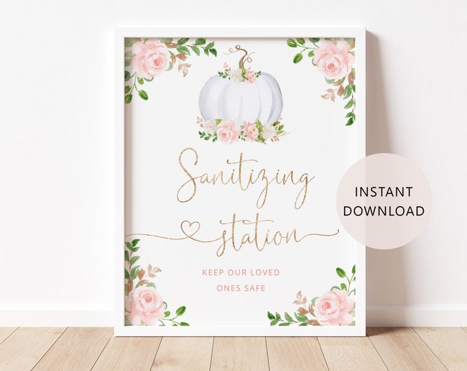 Pumpkin Sanitizing Station Sign Printable. Blush pink gold fall sanitizing station sign. Social Distance  Sign Instant Download #p3