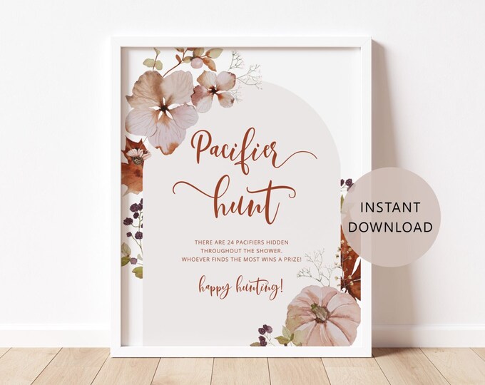Boho fall Pacifier Hunt Sign, Fall pumpkin  Find The Pacifier Game Printable. Gender neutral pumpkin Baby Shower game Instant Download #p5