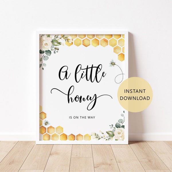 A little honey is on the way sign. Bee baby shower decoration. Sweet as can bee baby shower sign Instant Download #bee