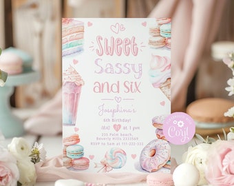 Sweet sassy and six birthday invitation. 6th year old girl birthday invite.  Sweet six birthday invite. Corjl template #ice1