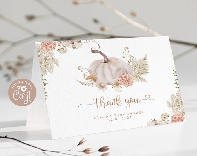 Boho pumpkin Thank You Cards Printable Template.  Gender neutral fall Pumpkin baby shower Thank You Card. Bohemian Thank You Note #p8