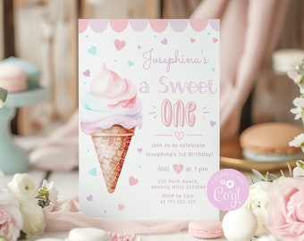 May include: A pink and white invitation with a watercolor illustration of an ice cream cone. The text reads "Josephina's a Sweet One" and includes details for a first birthday party.