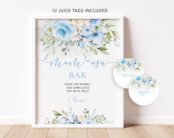 Blue Mom-osa Bar Sign, Floral Bubbly Bar Sign. Baby bot blue bubbly bar sig. Blue floral momosa bar juice tags #fl3