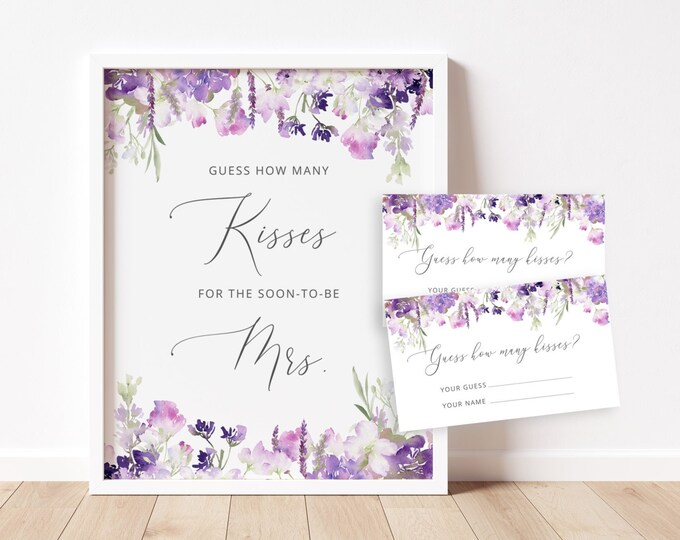 Purple Guess How Many Kisses. Wildflowers lavender Bridal Shower Game.  Wildflowers Guess How Many Kisses for the Mrs Instant download #09