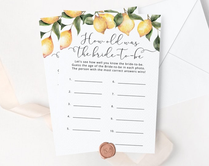 Lemon How Old was the Bride, Guess the Brides Age bridal shower game. Citrus Bridal Shower Games Instant Download #lm1