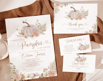 Little pumpkin baby shower invitation. Boho fall Little Pumpkin is on the way baby shower invitation bundle  #p8