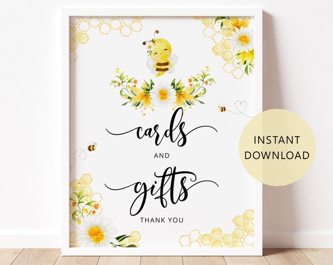 Bee Cards and Gifts Sign in 2 Sizes. Sweet as can bee baby shower Cards & Gifts Sign. Bumble bee baby shower decor Instant Download #08