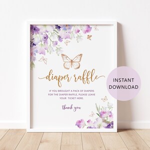 Vlinder luier loterij teken. Paarse bloemen luier loterij teken. Vlinderkusjes en babywensen baby shower decoratie Instant Download #06
