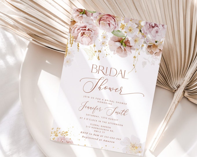 Garden flowers bridal shower invitation. Boho floral bridal shower invitation. Corjl editable template #gar1