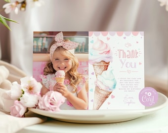 Ice cream thank you card with photo. Editableice cream photo birthday thank you card. Sweet birthday thank you card. Corjl template #ice1