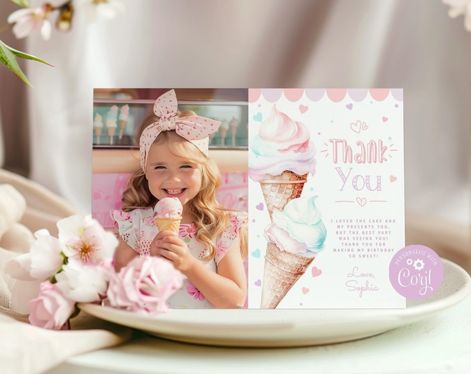 Ice cream thank you card with photo. Editableice cream photo birthday thank you card. Sweet birthday thank you card. Corjl template #ice1
