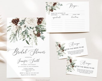 Winter bridal shower bundle. Evergreen Bridal Shower invitation, winter recipe card template. Editable evergreen bridal shower #ev1
