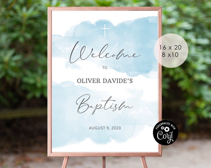 Baptism Welcome  sign.  Editable blue boy baptism welcome sign. Corjl Printable. Instant Download #bt2