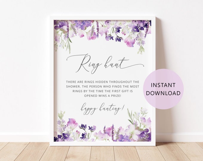 Lilac Ring Hunt Game. Purple lavender Ring Hunt Sign. Bridal hunt game. Purple floral Bridal Shower Game. Instant Download #09