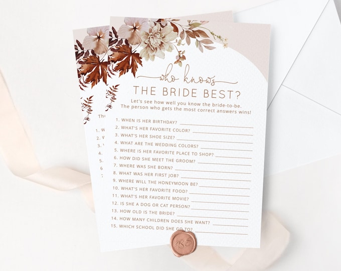 Fall Who Knows the Bride Best game. Bridal Shower Games, Boho fall How Well Do You Know the Bride game. Instant Download #17