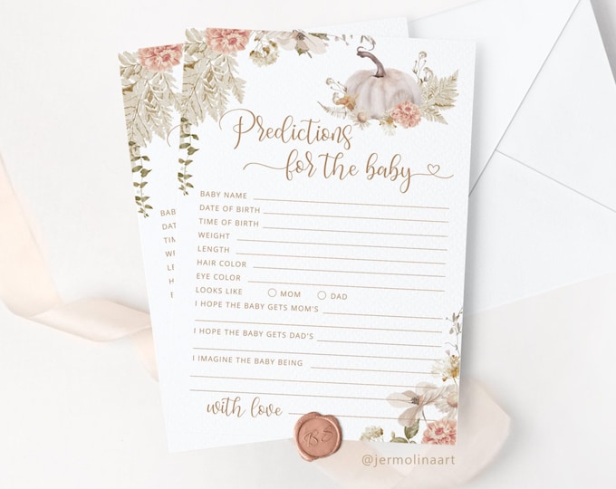 Fall predictions for the baby card. Boho pumpkin predictions for baby. Fall pumpkin Baby Shower activity Printable. Instant Download #p8