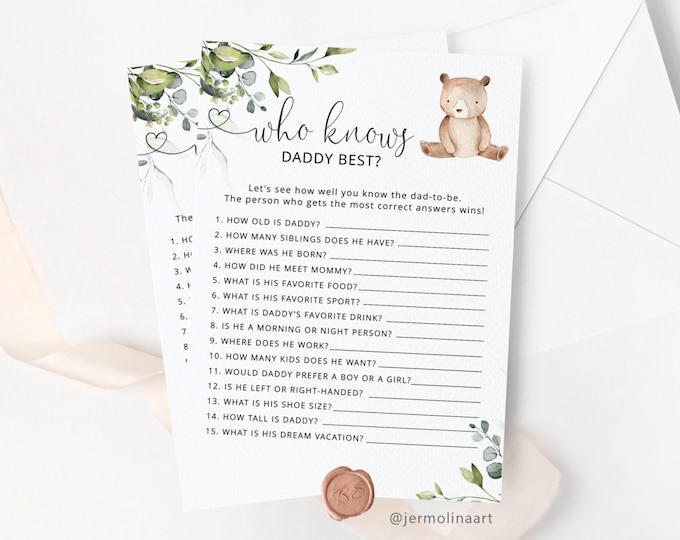 Who Knows Daddy Best game. Little bear who knows daddy best baby shower game. Woodland Baby Shower Game. Instant Download #w5