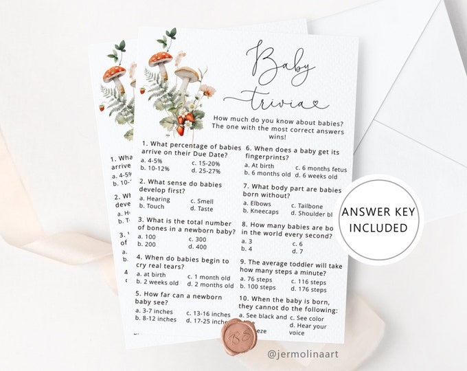 Fall mushroom Baby shower trivia game. Boho forest baby trivia baby shower game. Instant download #mush1