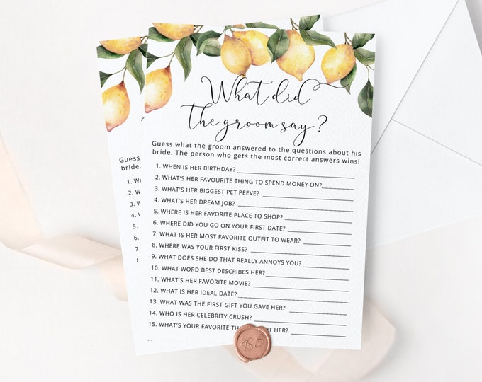 Lemons What did the groom say game. Watercolor Citrus What did he say Bridal Shower Game.  Instant Download #lm1