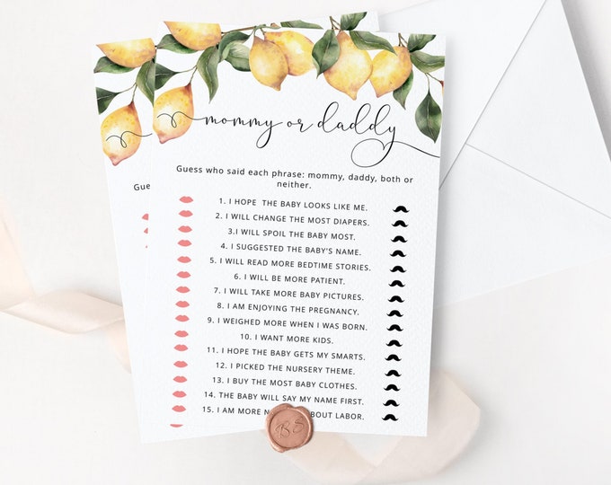 Lemon Guess Who Said It Mommy or Daddy. Elegant citrus  Mommy or Daddy Guess Who Baby Game Instant Download #lm1