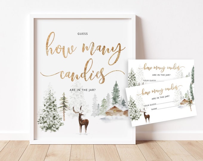 Guess How Many Candies Are In The Jar. Winter deer Baby Shower Game. Woodland guess how many guessing game.  Instant Download #w3
