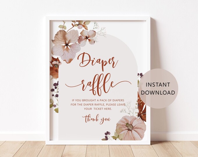 Boho arch Pumpkin diaper raffle sign. Fall diaper raffle sign. Fall baby shower decor. Instant Download #p5
