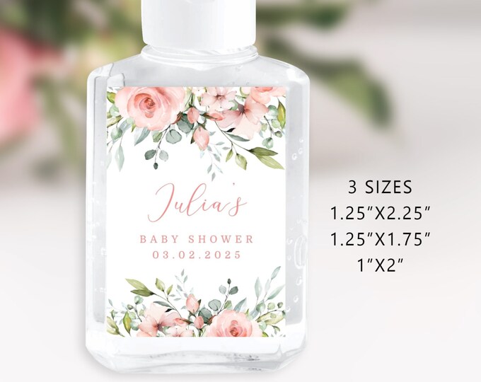Floral Hand Sanitiser Label. Printable blush Hand Sanitizer Stickers. Baby in bloom baby shower decoration. Corjl template #fl2