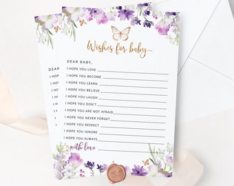 Butterfly Wishes for Baby card. Purple wishes for baby game. Purple gender neutral Baby Shower Games. Instant download #06