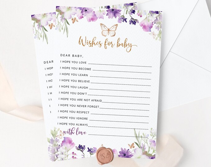 Butterfly Wishes for Baby card. Purple wishes for baby game. Purple gender neutral Baby Shower Games. Instant download #06
