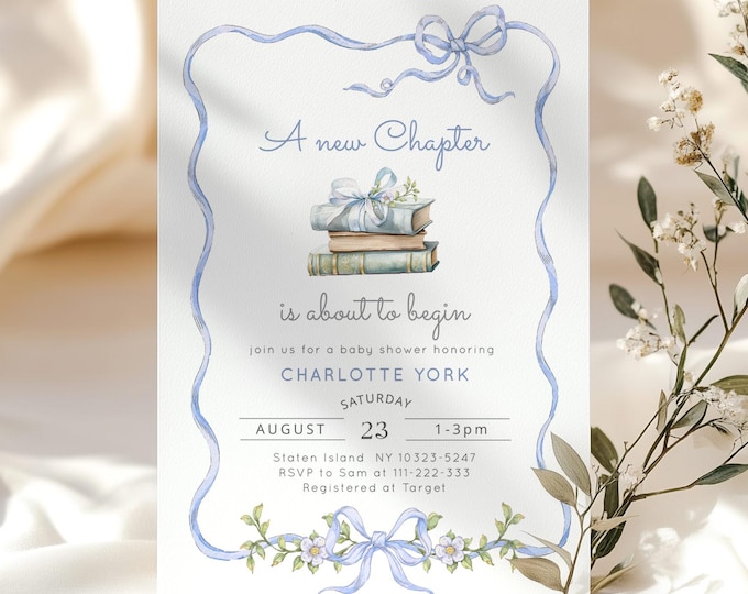 Editable New Chapter baby boy shower invitation, Blue Storybook New Chapter Baby shower invite, Blue bow Storybook baby shower invite #bl2