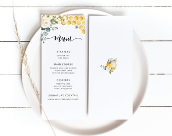 Bee menu template. Printable Menu Card template. Sweet as can bee Menu card.  Corjl Printable Instant Download #bee3