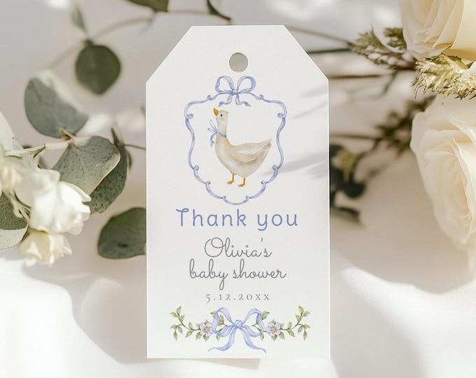 Silly Goose Baby shower favor tag template. Editable Blue Bow whimsical goose thank you tag. Baby shower thank you tag #sg1