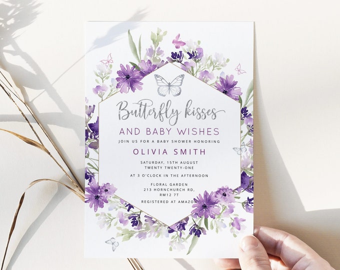 Butterfly baby shower Invitation template. Purple silver Baby girl Shower Invitation. Butterfly kisses and baby wishes baby shower #06