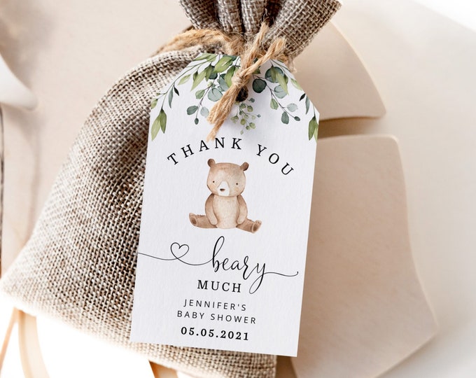 Thank you beary much tag. We can bearly wait favor tag template.  Editable Bear favor tag. Woodland baby shower favor tag #w5