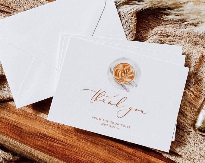Love is brewing bridal Thank You Cards Printable Template. Minimalist boho coffee thank you card template.  Corjl editable template #coff
