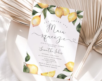 Lemon bridal shower invitation. She found her main squeeze bridal shower invitation. Corjl editable template #lm1