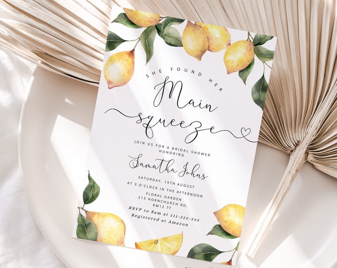 Lemon bridal shower invitation. She found her main squeeze bridal shower invitation. Corjl editable template #lm1