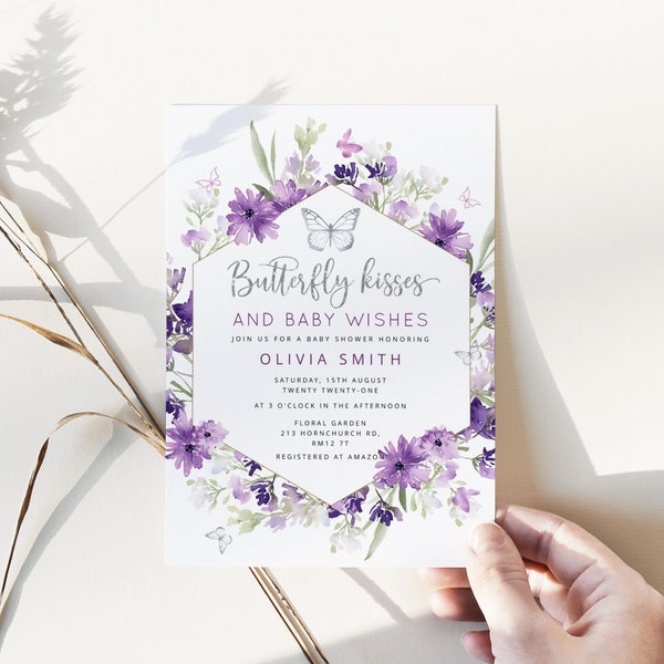 Butterfly baby shower Invitation template. Purple silver Baby girl Shower Invitation. Butterfly kisses and baby wishes baby shower #06