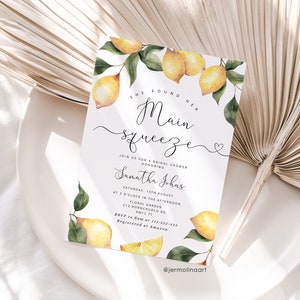 Lemon bridal shower invitation. She found her main squeeze bridal shower invitation. Corjl editable template #lm1